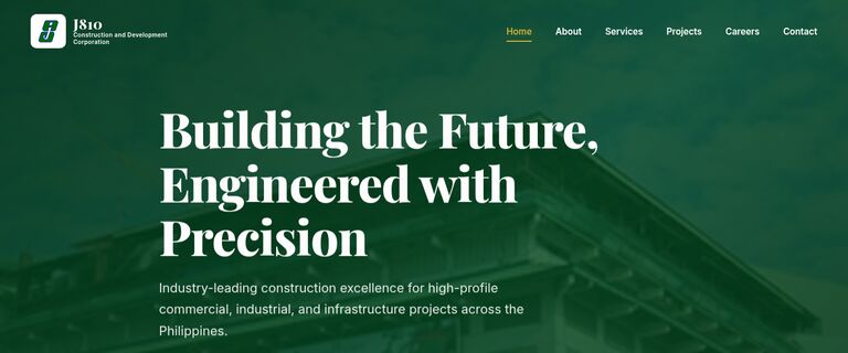 J810 Construction homepage showing a green hero with the headline Building the Future, Engineered with Precision.